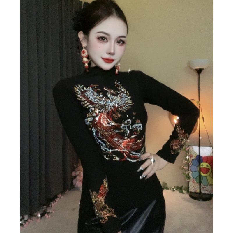 De Rong Women's Half-High Neck Long Sleeve T-shirt with Hot Drill Design - Autumn/Winter Base Layer Top