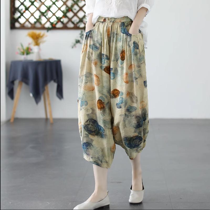 

Женские ретро свободные набивные тонкие шаровары из хлопка и льна повседневные брюки Seven-Point 2XL