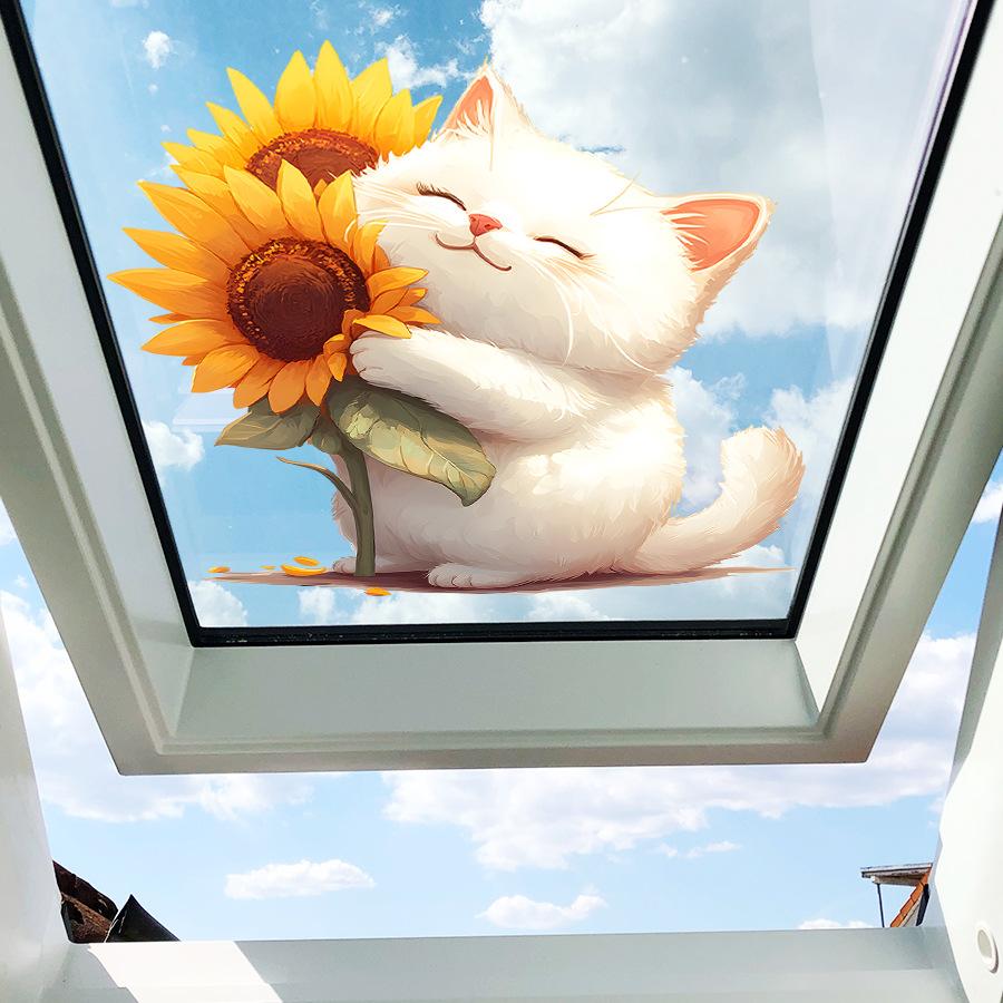 Cute Cartoon Fresh Cat Holding Flowers Window Stickers, Self-Adhesive Double-Sided Visible Decor for Bedroom Dorm Room Study Room Decoration