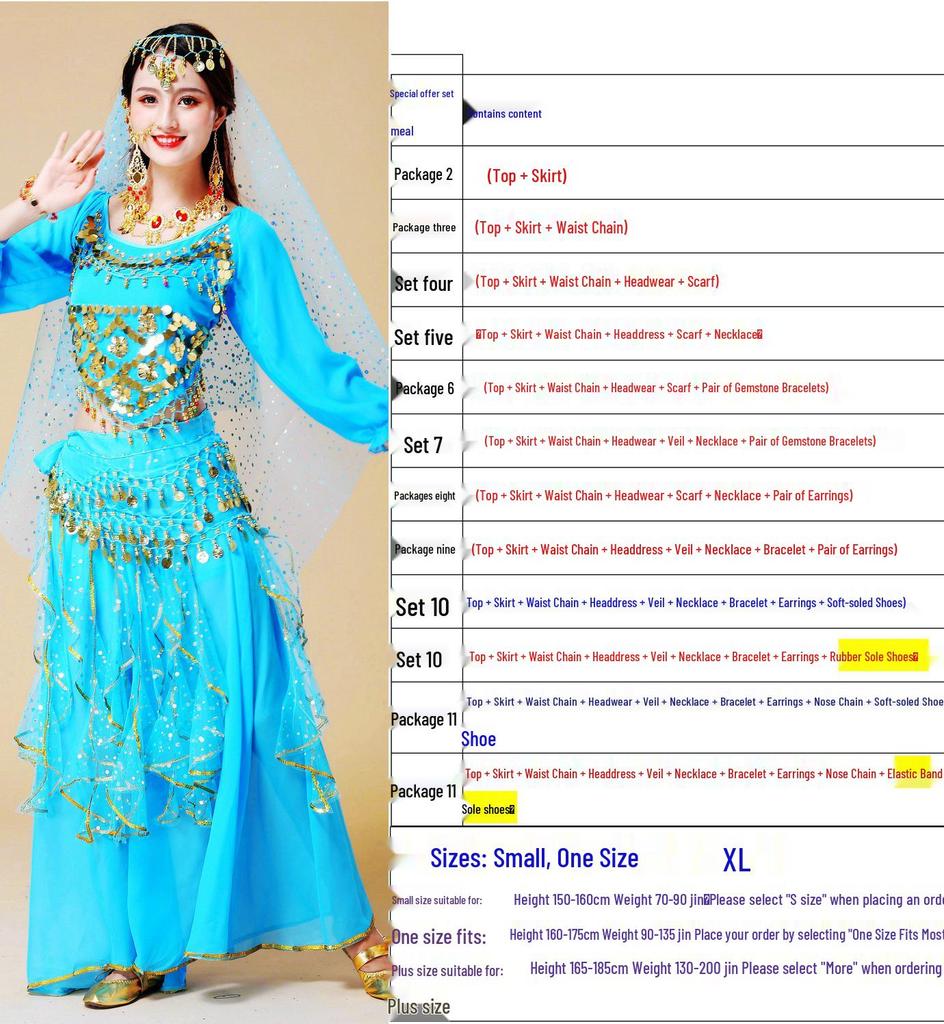 Women's Long Sleeve Indian Belly Dance Performance Costume with Short Sleeve Long Skirt
