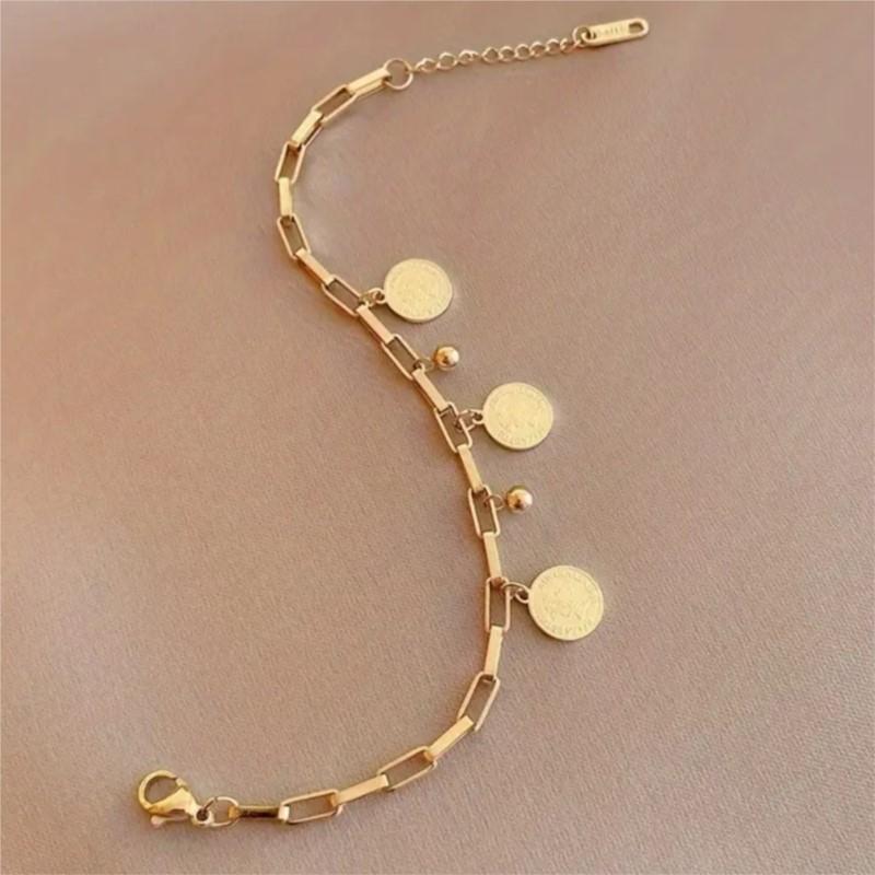316L Stainless Steel Round Pendant Bracelet for Women Golden-Tone Adjustable Chain Link Bracelet Party Jewelry Gifts