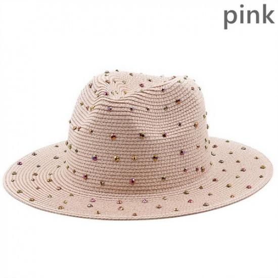 Женская Соломенная Пляжная Шляпа от Солнца Стразы Джазовый Шляпа Trilby Fedora Кепка Широкие Поля Летняя