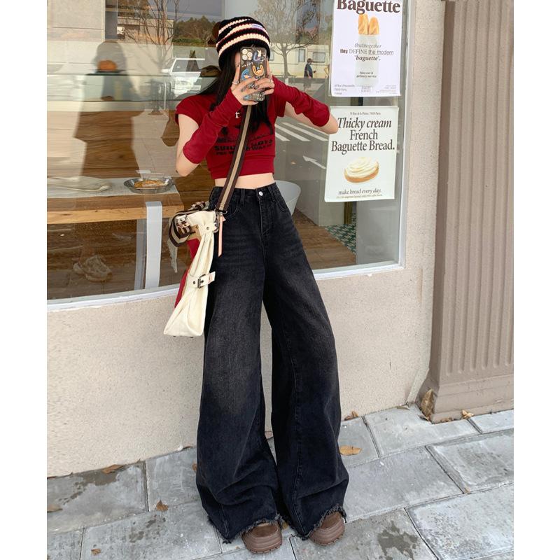 Autumn Winter Vintage Wide Leg Jeans Ladies Loose Casual All-match Denim Pants Women Solid Color Trousers