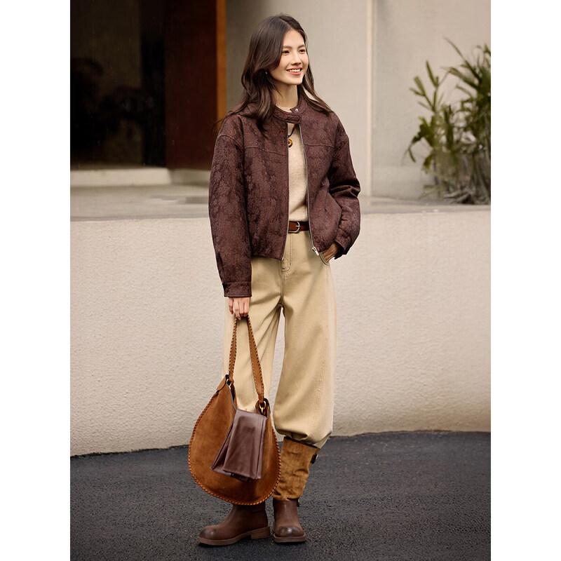 XWI Women's Vintage Jacquard Quilted Stand Collar Jacket