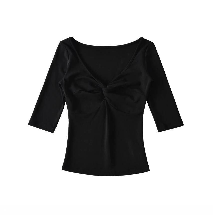 Deep V-Neck Kink Medium Sleeve T-Shirt Women's Summer New American Spice Girl Style Solid Color Slim Skinny Bottom Top