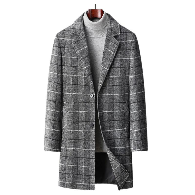 

Осенне-зимнее шерстяное пальто мужское средней и длинной длины, деловое повседневное клетчатое хлопковое утолщенное шерстяное пальто 195 серый