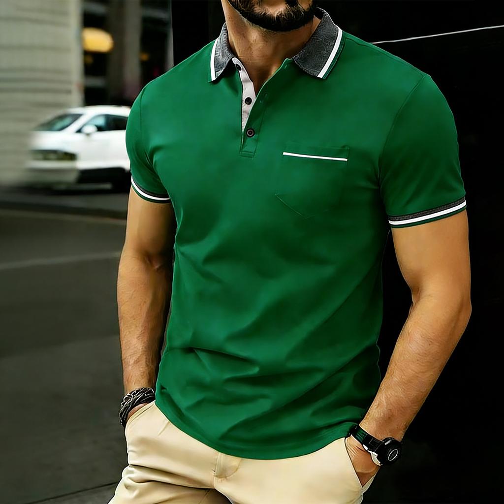 Polo da uomo a maniche corte con colletto e taschino, top casual a vestibilità classica per l'uso quotidiano