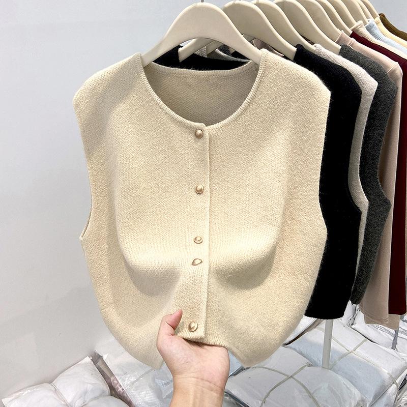 

Soft Woolen Knitted Cardigan Women s Style Spring Autumn Fashion Metal Buckle Sweater Vest Layering Open-Shirt Tank Top XL бежевий