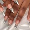 24PCS Spice Girls False Nails Simple White French with Glitter Diamonds Long Stiletto Press On Nails Acrylic Wearable Fake Nails