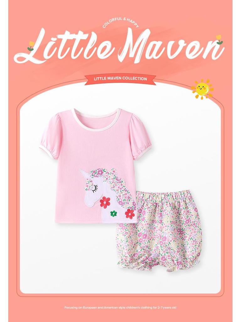 Little Maven Summer Girls' Chic European & American Style Cartoon Clothing Set