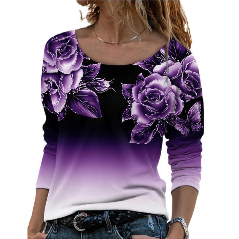 TIFICY Women's Fashion Casual Spring Autumn Flower Pattern Print Long Sleeve O-Neck Blouses & Shirts