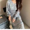 New Spring/Autumn Long Sleeve Waist Slimming High Waist Display High-Waisted Floral Chiffon Dress Long Dress