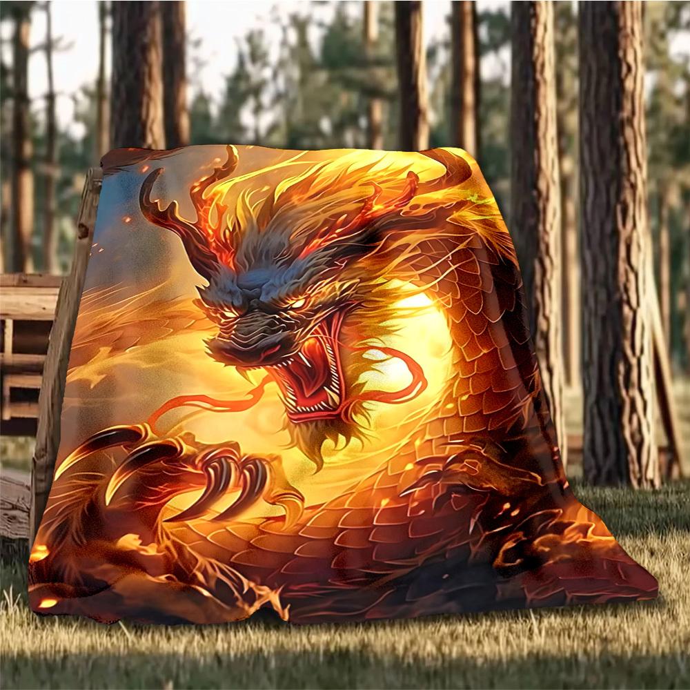1pc Fire Dragon Art Print Throw Blanket Polyester Fiber, Lightweight Flannel, Soft & Warm, All Season Use for Outdoor, Camping Digital Print