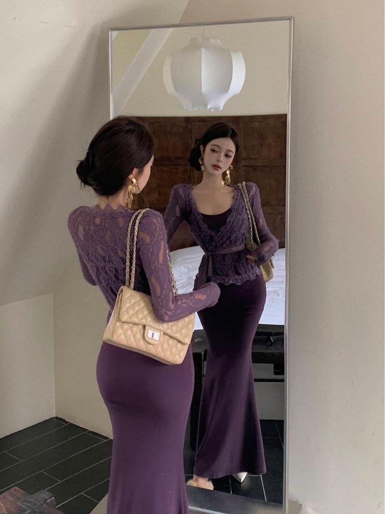 Purple Lace Cardigan & Fishtail Camisole Dress Set - Women's Sexy Autumn Fashion Two-Piece