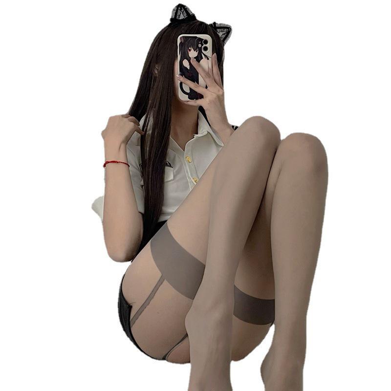 Ultra-thin Strappy Open Crotch Color Block Thigh-High Stockings - Sexy Patchwork Pantyhose for Women