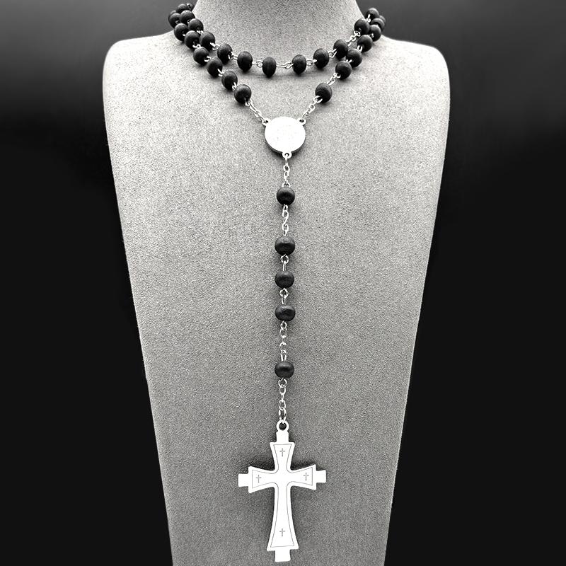 Christian Jesus Cross Stainless Steel Silver Color Statement Necklace for Women Men Long Prayer Beads Chain Jewelry Gift