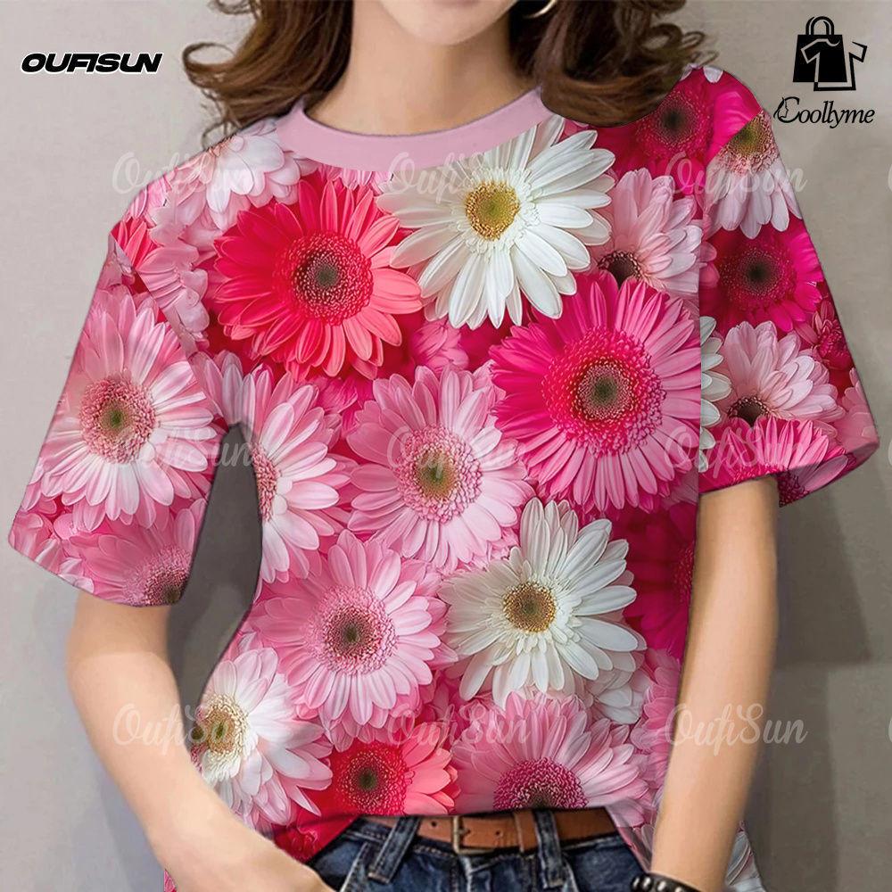 

Colorful flower pattern round neck casual short sleeved shirt XS