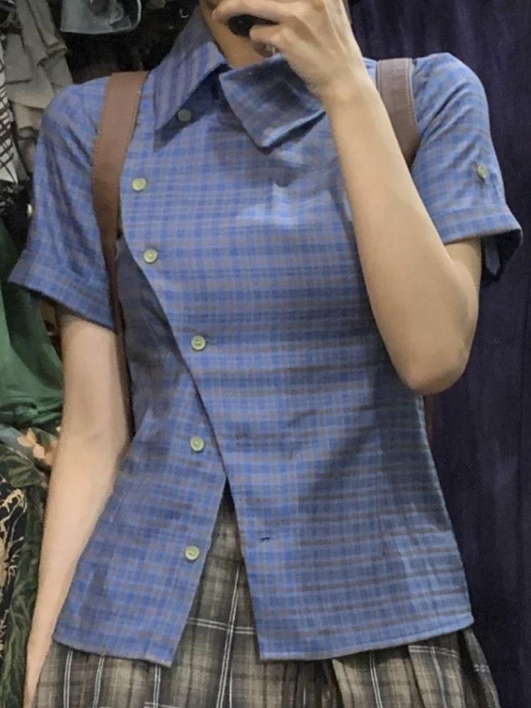 

Эстетические винтажные клетчатые рубашки в стиле ретро, ​​женские летние однобортные офисные блузки Y2k, женские корейские повседневные тонкие уличные топы M