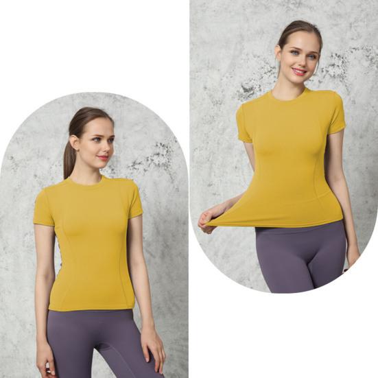 Women Sports Top Solid Color High Elastic Quick Drying Workout Shirt Short Sleeve Crew Neck Gym Apparel for Yoga Fitness