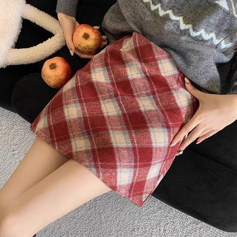 Women's 2025 Retro High-Waist Wool Blend Plaid Mini Skirt - Petite Bodycon A-Line for Autumn/Winter