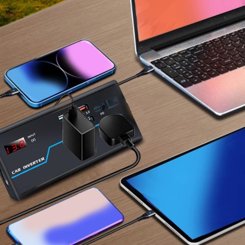 Portable Car Inverter Converts 12V/24V  to 110V/220V  with Voltages Display Compact Vehicle Inverter Simple Operate