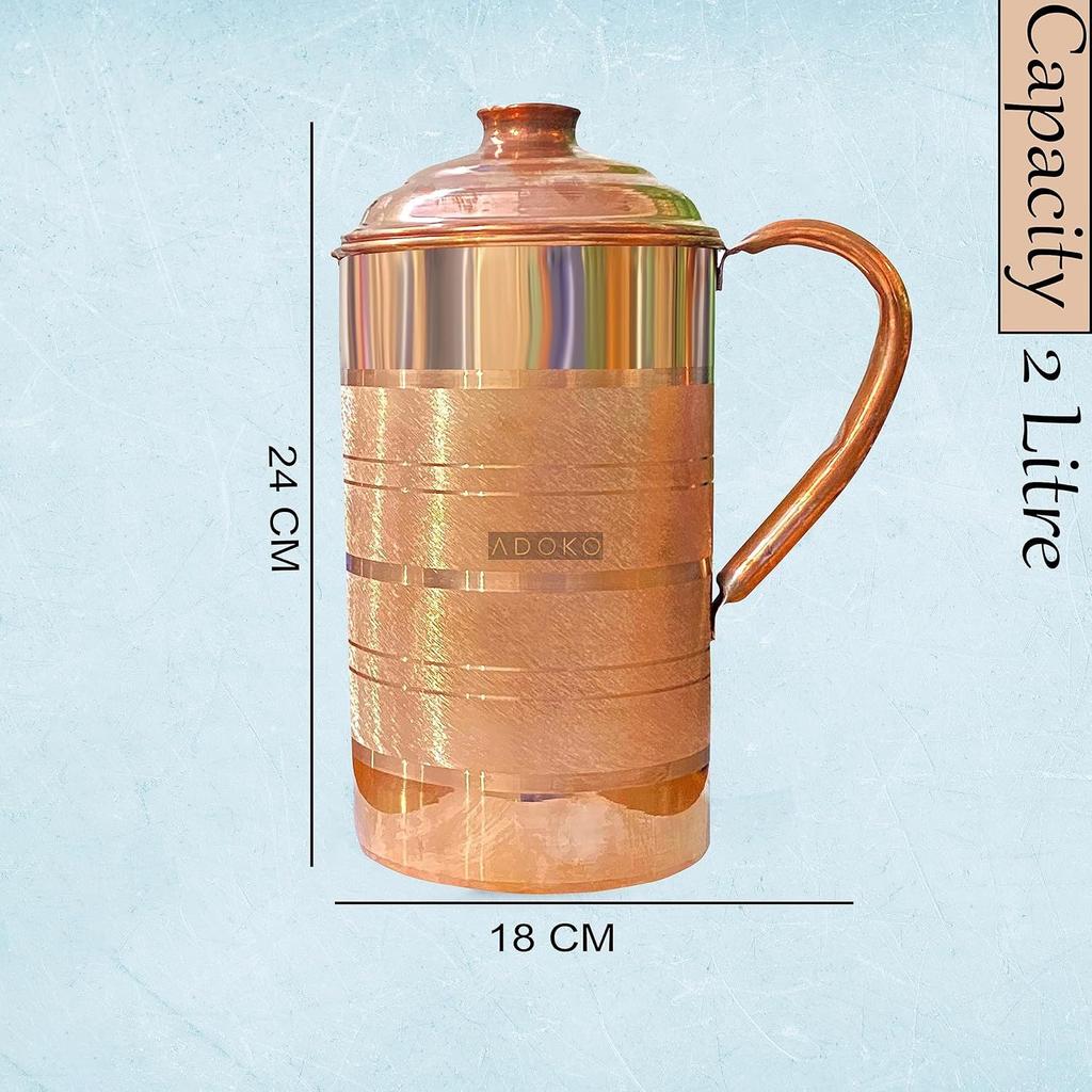 Pure Copper Water Jug 2 Litre with 1 Copper Glass (300ml) | Ayurvedic Copper Pitcher Set for Drinking & Storage for Health & Wellness