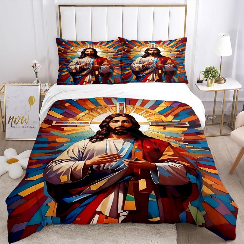 3PCs ReligiousIconography Design Cover Set, Breathable Fabric, Machine Washable (1 Duvet Cover + 2 Pillowcases) (Without Quilt) Yy250911103
