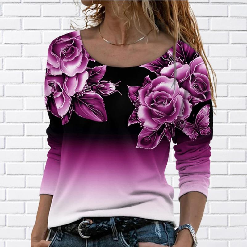 Kvinner Høst Topper Løs Katt Vakker Rose Print Årsak Langermet T-skjorte Topp Bluse