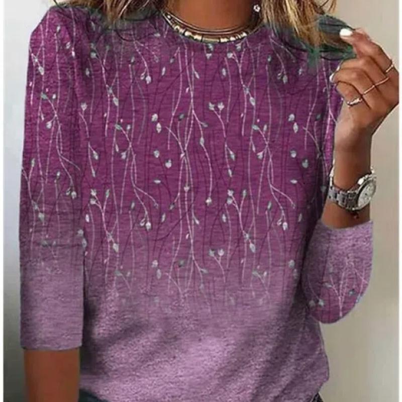 Women's T-shirt with 3D Floral Print and Fashionable Long Sleeves