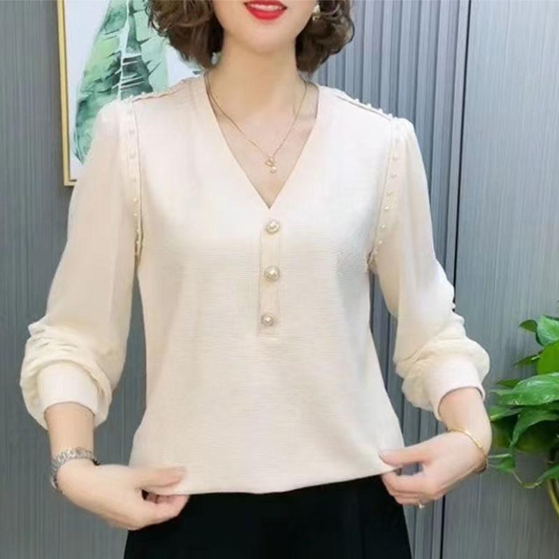 Büro Dame Unifarben Gespleißtes V-Ausschnitt Hemd Lässig Locker Schick Perlenknopf Frühling Herbst Stilvoll Perlenstickerei Damen Koreanische Bluse