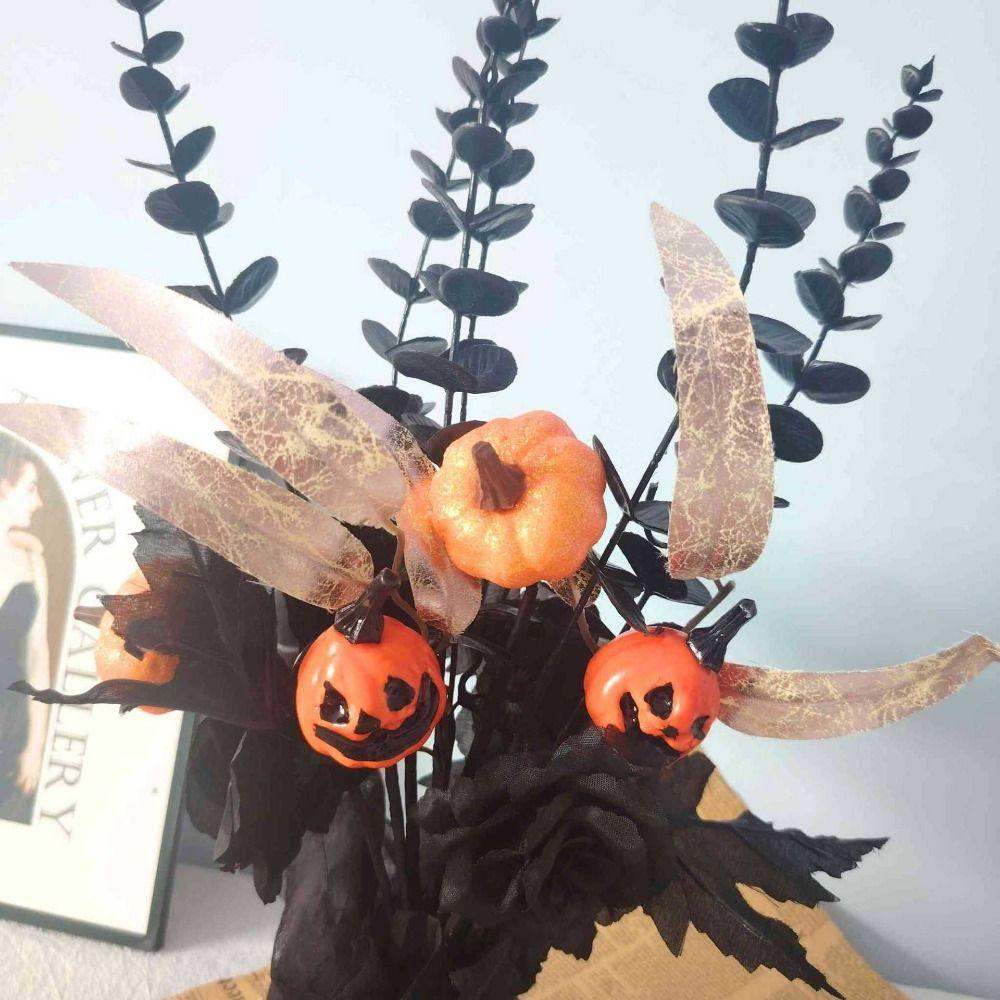 Simulated Flowers Artificial Eucalyptus Leaves Vase 42cm Handmade Artificial Pumpkin Bouquet Black/Orange Autumn Branches