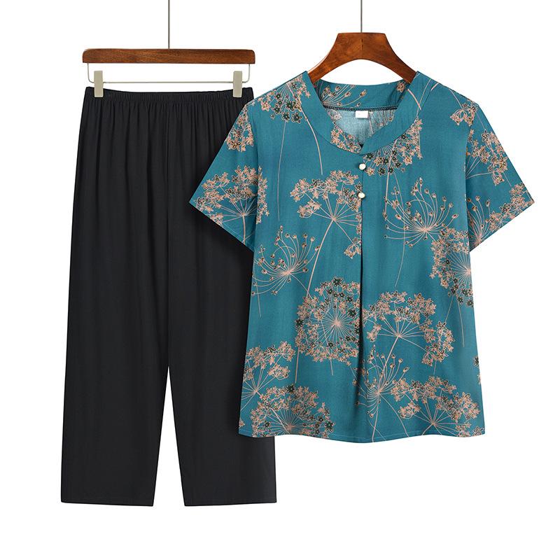 Summer Print Two-Piece Set for Middle-Aged and Elderly Women: Short-Sleeved Top and Grandma Style Outfit