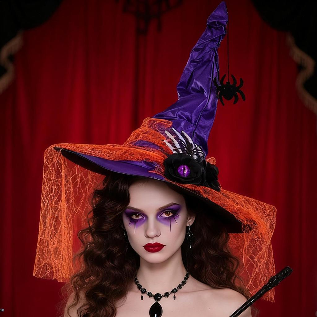 Halloween Witch Hat Pointed Vintage Lace Headgear Halloween Spider Adult Witch Hat For Prom Masquerade Event Party Decors
