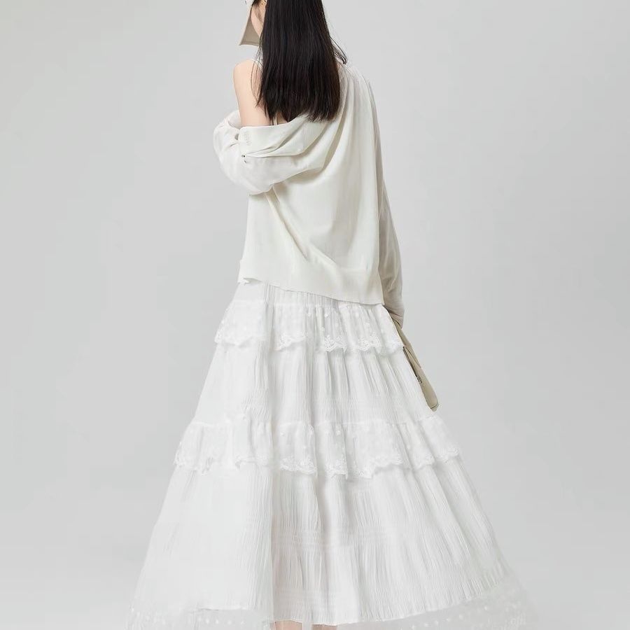 Fransk spetskant Vår/Sommar Midikjol - Hög midja Söt Vit Volangkjol Långkjol