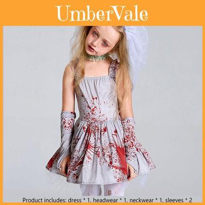 Halloweenský kostým pro děti a dospělé Děsivé šedé zakrvácené šaty nevěsty ducha s krajkou a tylovou sukní