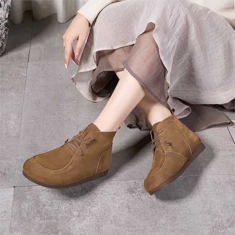 Johnature Retro Genuine Leather Flat Ankle Boots Handmade Soft Cowhide Elastic Band Soft Soled Women's Shoes