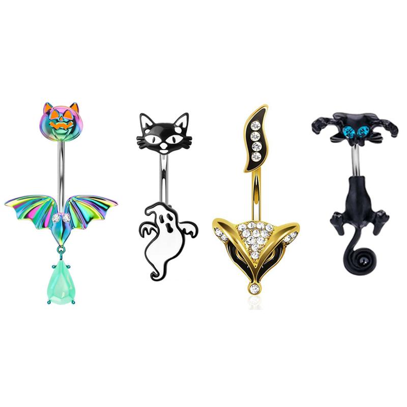 Punk Halloween Stainless Steel Belly Button Ring For Women Girl Personalized Bat Ghost Skeleton Navel Ring Body Piercing Jewelry