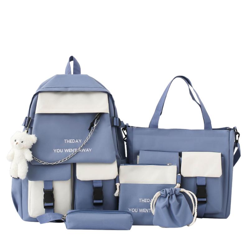 Mittelschulrucksack mit Bärenanhänger, hohe Kapazität, Campus-Rucksack, Kontrastfarbe, für Herren und Damen, 5-teiliger Rucksack, Umhängetasche, Umhängetasche, Federmäppchen