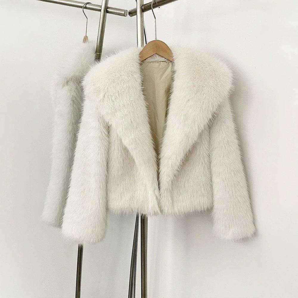 European and American short imitation fox fur coat for women, big lapel loose thickened artificial fur coat