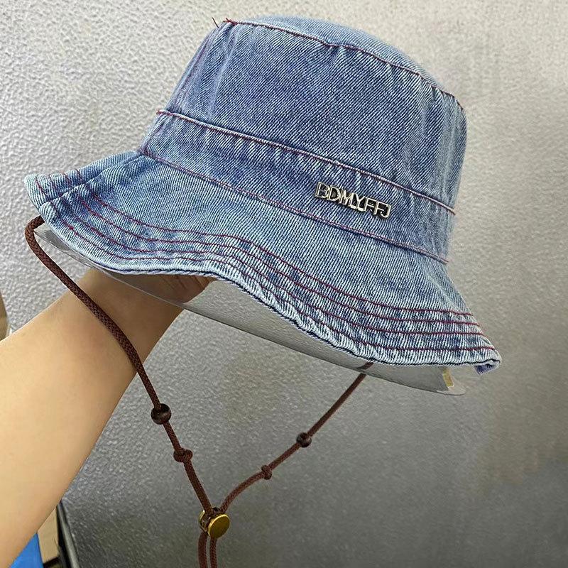 Denim Bucket Hat Women's Outdoor Camping Mountain Hat Versatile Fashion Metal Label Retro Washed Visor Men