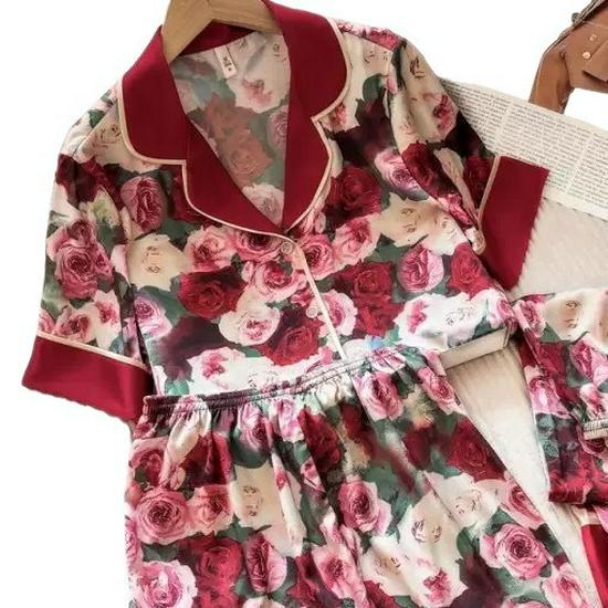 Women's Summer Floral Long Sleeve Loose-Fit Ice Silk Pajamas - Comfortable, Breathable, High-End Feel