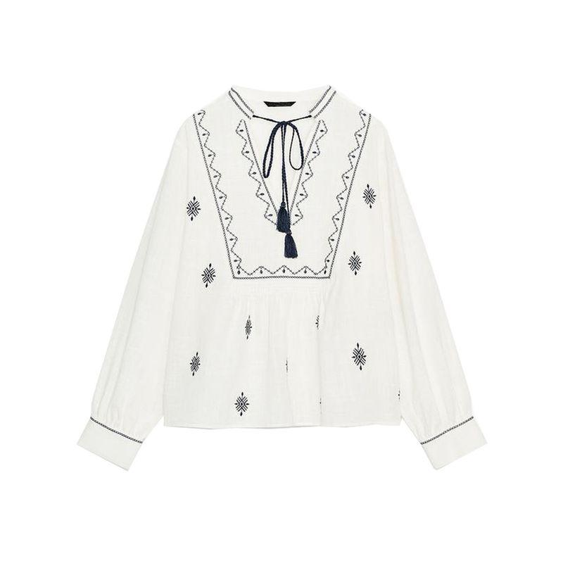 

Autumn New Women s Clothing with Su Sui Decoration Lace-up Loose Long sleeve Retro Style Embroidery Shirts 8372244 White L