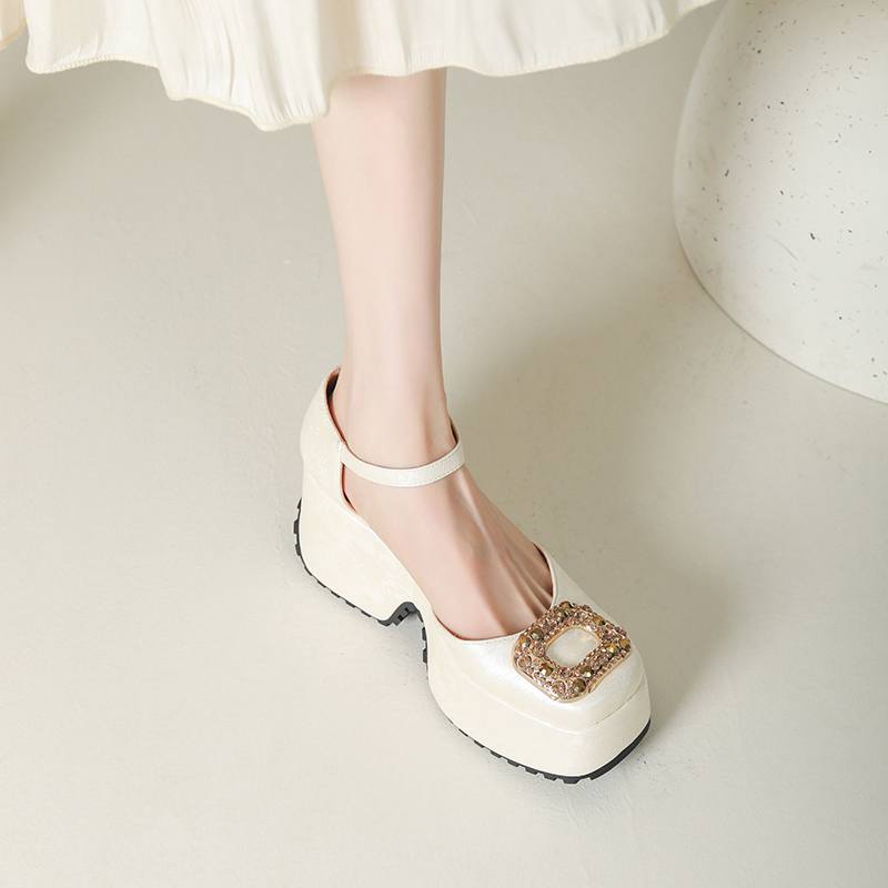 Krazing Pot Polyurethane Spring Summer Size 43 Size 42 Women Platform Women Square Toe Buckle Thick Bottom Pumps