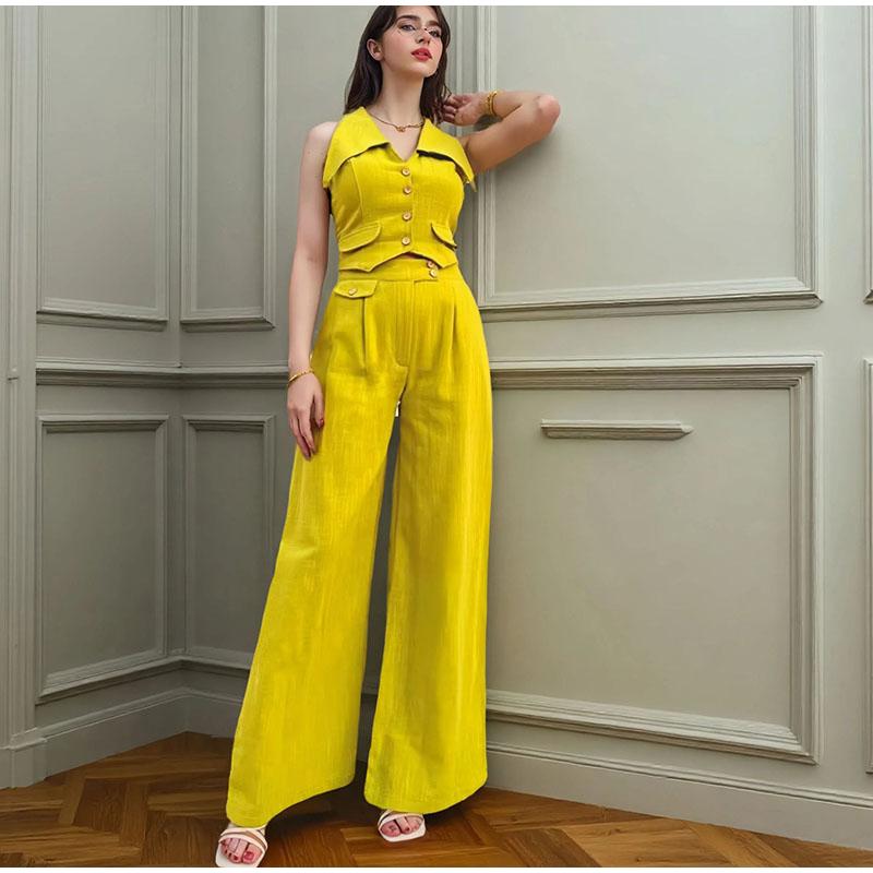 2025 spring and summer new women's solid color blouse sleeveless waist two-piece casual trousers suit