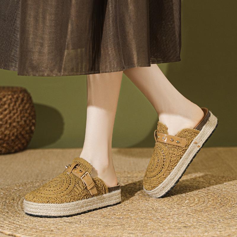 Fashion Flat Shoes Female Slippers Women Summer Slides Fretwork Heels Loafers Cover Toe Fabric Rubber PU Scandals Cotton Round Slippers