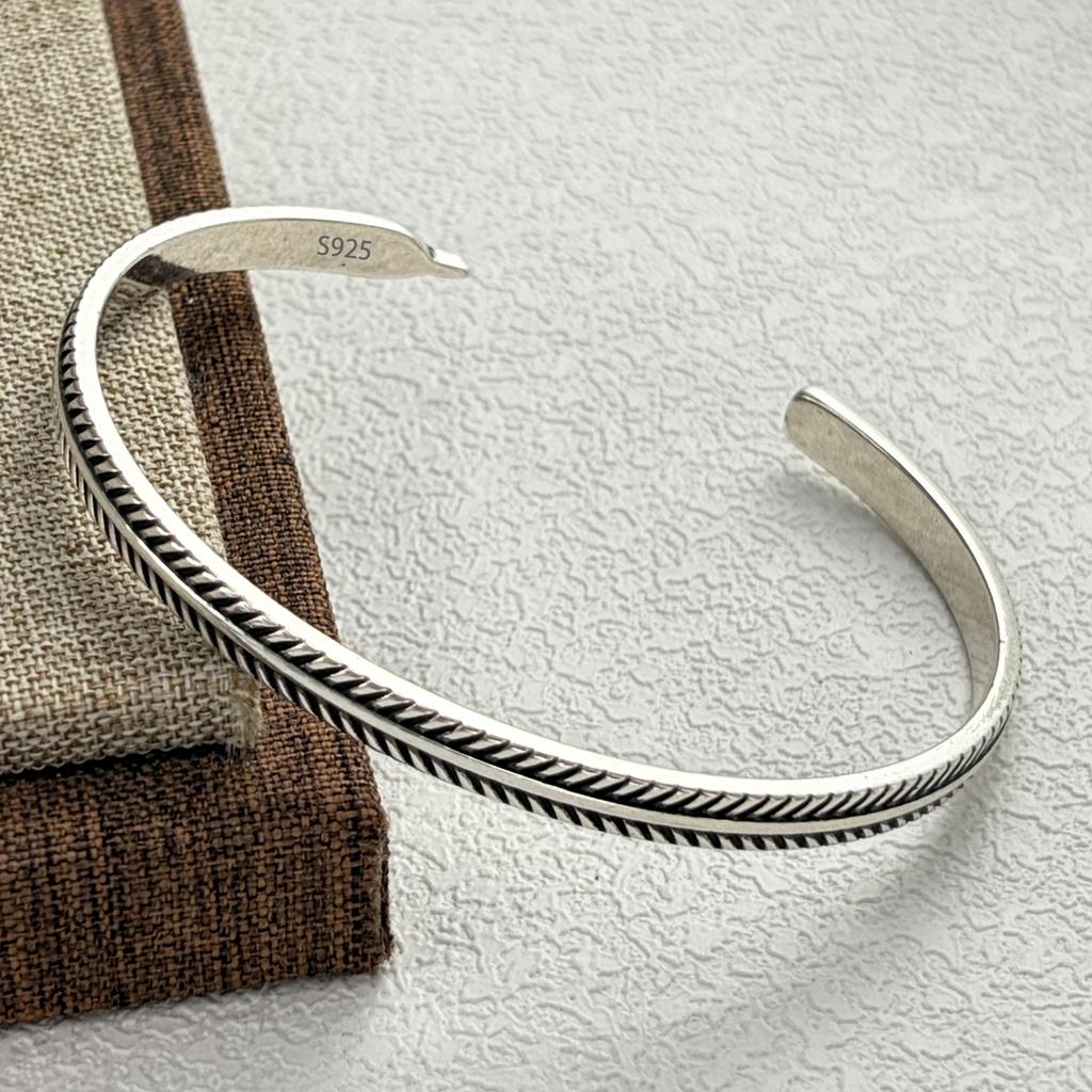 PANJBJ 925 Sterling Silver Irregular Geometry Texture Bangle Bracelet for Women Girl Minimalism Jewelry Gift Dropshipping