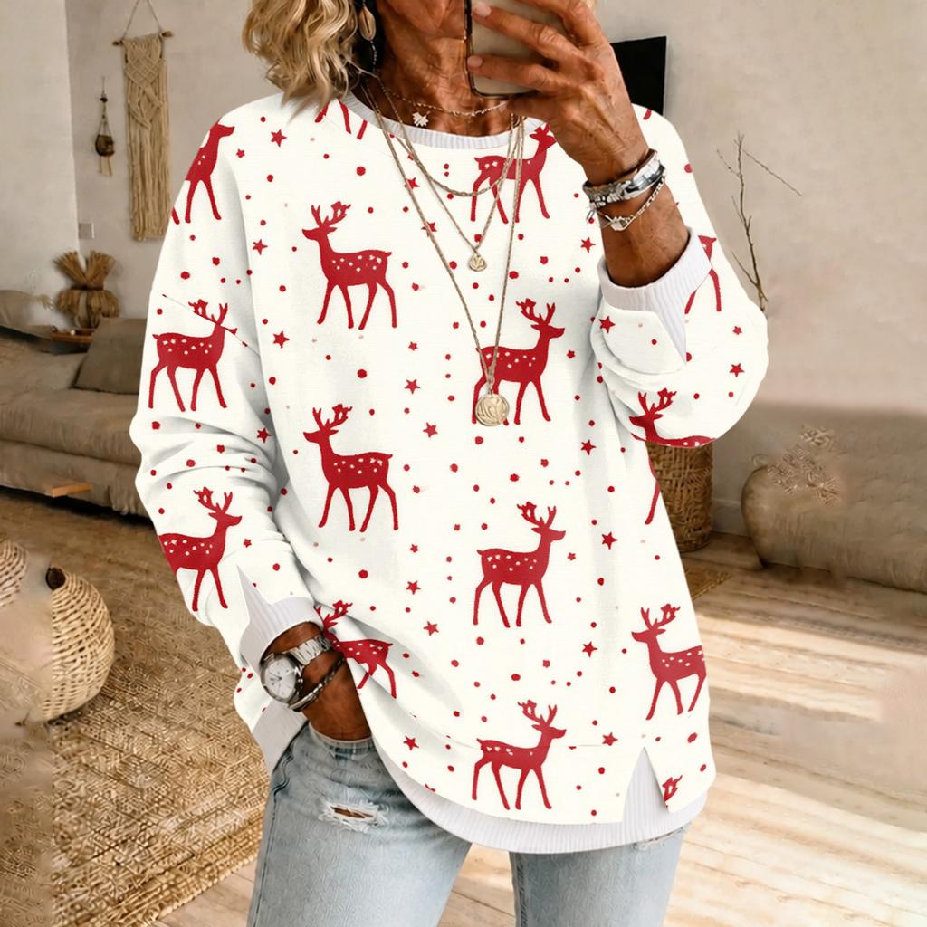 Women's Casual Christmas Print Long Sleeve Pullover with Round Neck