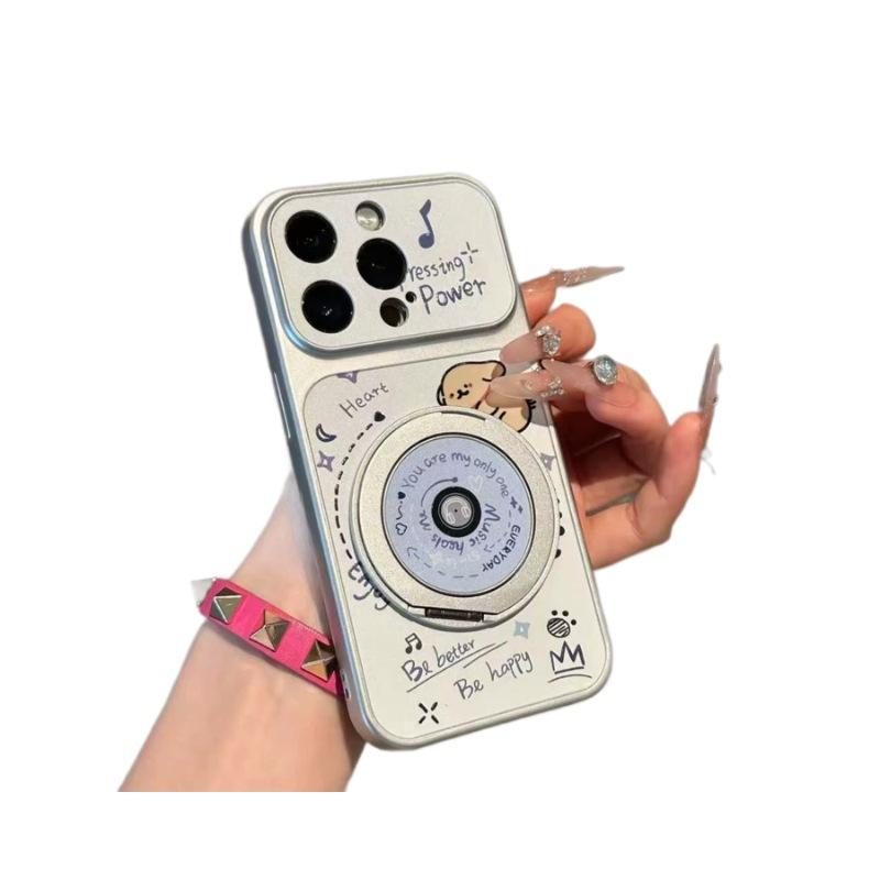 Applicable to iPhone17 new CD record puppy mobile phone case rotating bracket Apple 16/15 electroplated Corning case