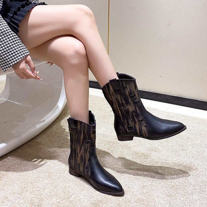 Retro Western Cowboy Stiefel für Damen 2024 Neue Herbst/Winter Splicing Kurze Stiefel Internetberühmte Street Trendy Damenschuhe