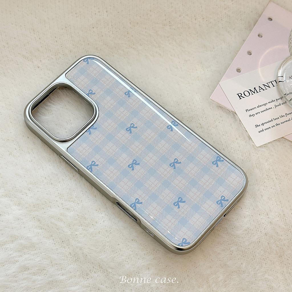 INS Korean Pink Blue Bowknot Grid Pattern Drop Glue Silver Phone Case for iPhone 17 16Promax 15 14 13 12 11 Anti Drop Soft Cover